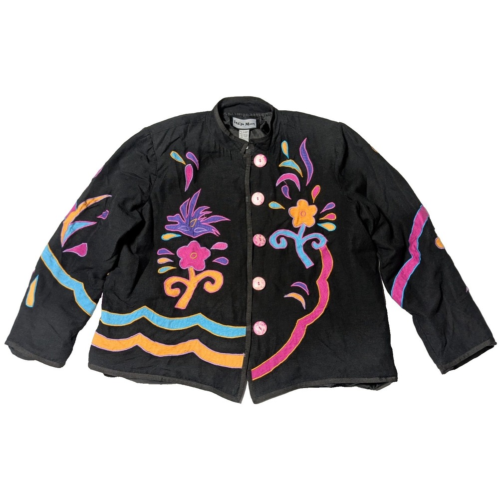 VTG INDIGO MOON Art To Wear Women Large Linen Blend Embroidered Floral Jacket‎